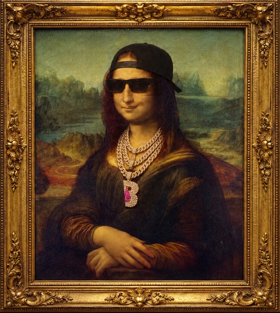 Mona Lisa mit Cap, Sonnenbrille und Goldketten